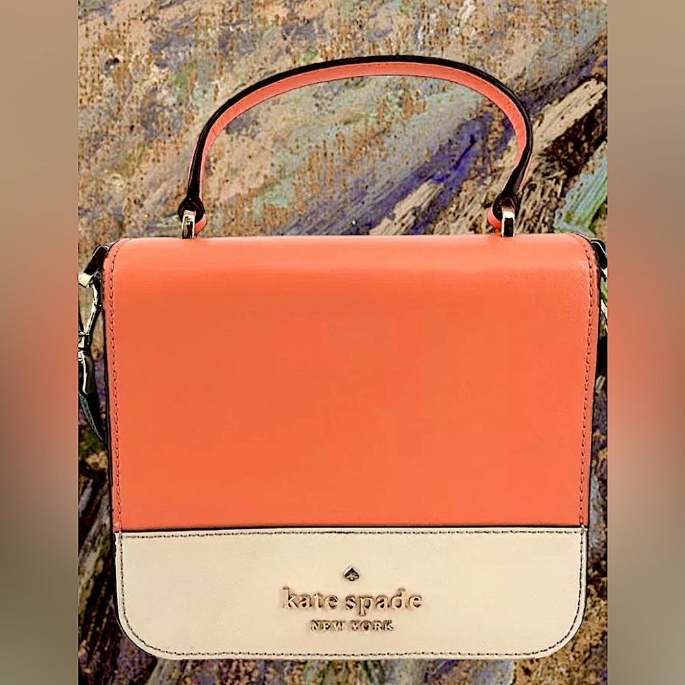 KS New York Staci. Salmon Pink White&Green Saffiano Leather w/Crossbody. EUC